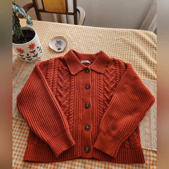 Black Tape_ Sweaters - Black Tape_ Oversized Rust Cable Knit Cardigan